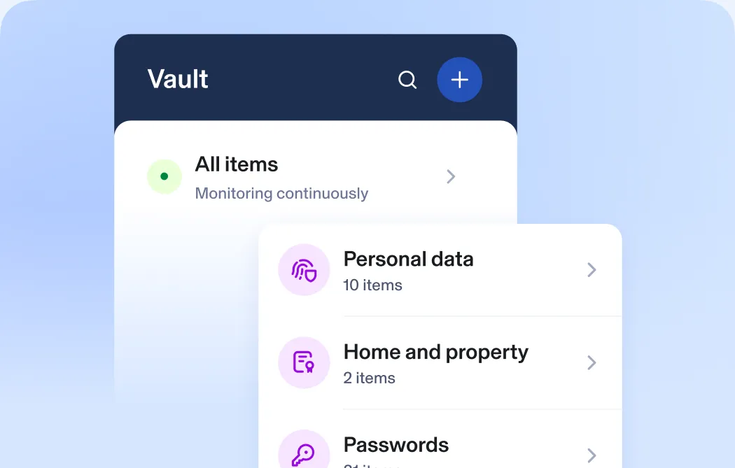 Aura’s online Vault feature showing personal information that is being monitored: 10 personal data items and 2 home titles.